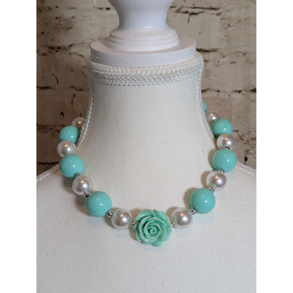Vintage Choker Necklace With Aqua Blue Beads & Faux Pearls Chunky Statement 14"